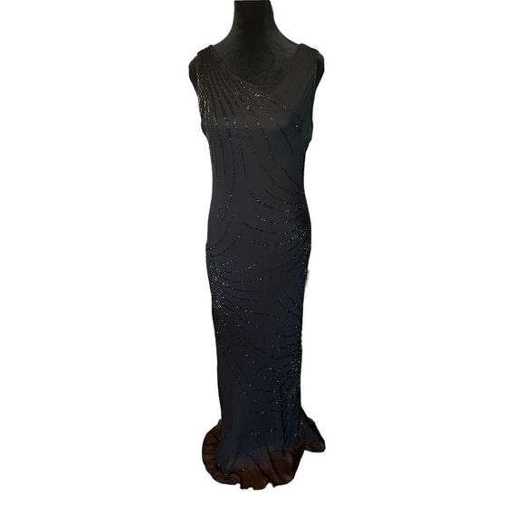 Pisarro Nights Black Silk Gown Dress Fully Beaded Women’s size 12 - Picture 1 of 14